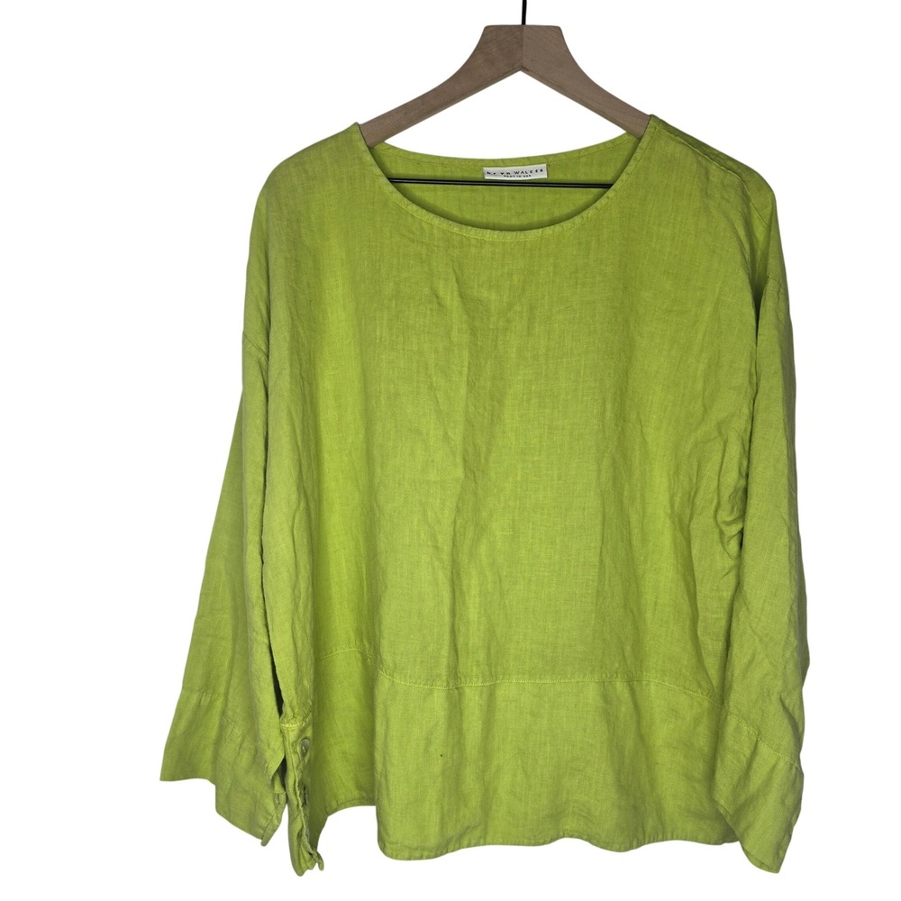 Bryn Walker Caspar Top Women L Lime Green 100% Linen Lagenlook Coastal Made USA